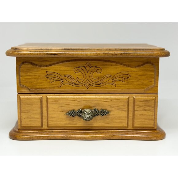 VTG Montgomery Ward Wood Jewelry Box 7.5x5 Rustic Floral Drawers Keepsake Chest - Picture 3 of 9